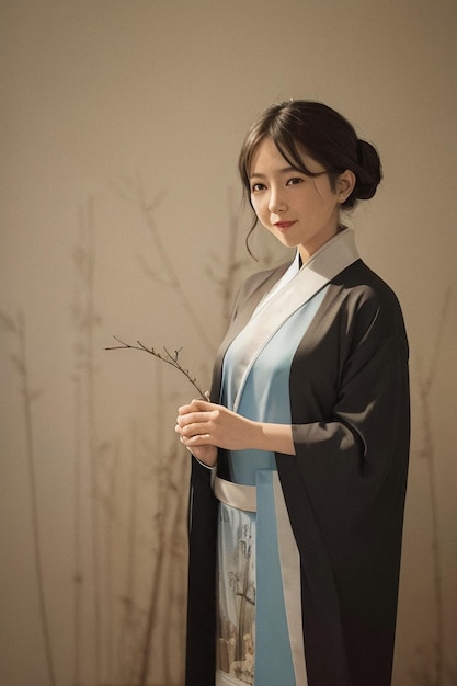 A woman in a blue and white dress stands in front of a wall with a tree branch.