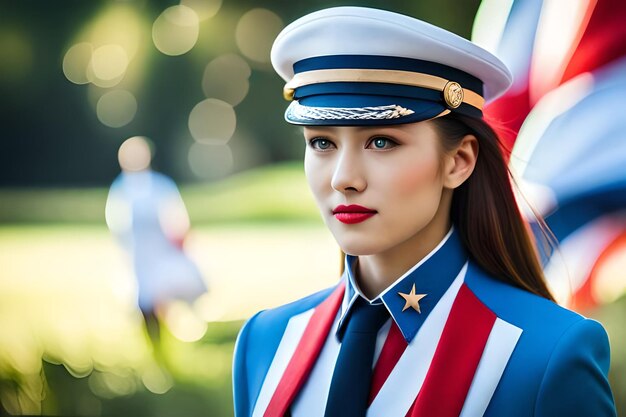 A woman in a blue and white uniform stands in front of a flag.