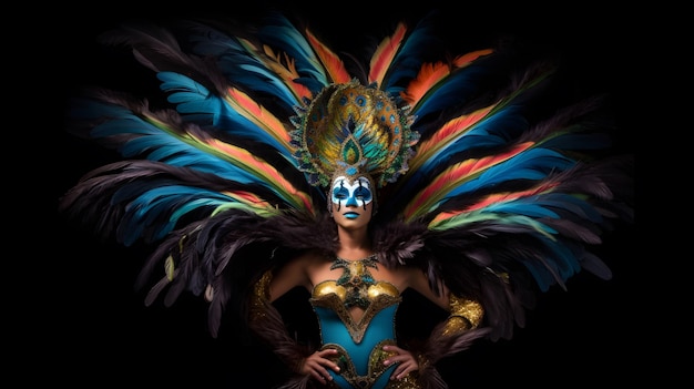 A woman in a blue and yellow costume with a large feathered headdress.