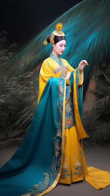 긴 꼬리와 긴 깃털 꼬리가 있는 파란색과 노란색 드레스를 입은 여성.