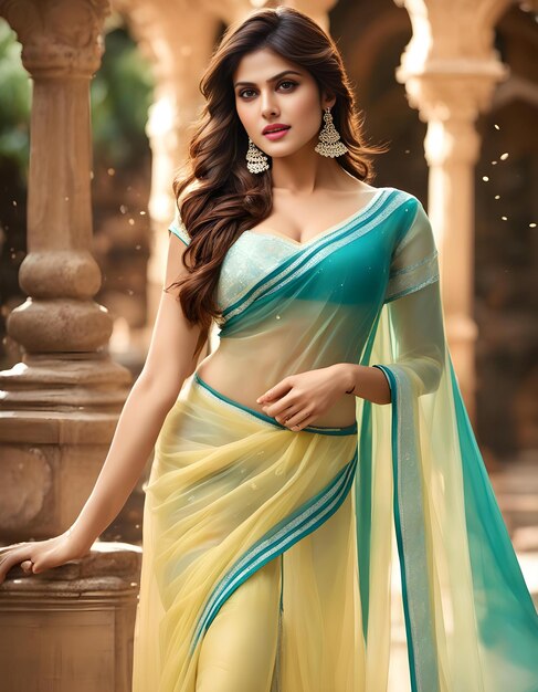 Photo a woman in a blue and yellow sari