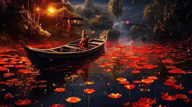 A woman in a boat on a lake with flowers on the water