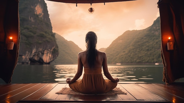 woman on a boat meditating by the water