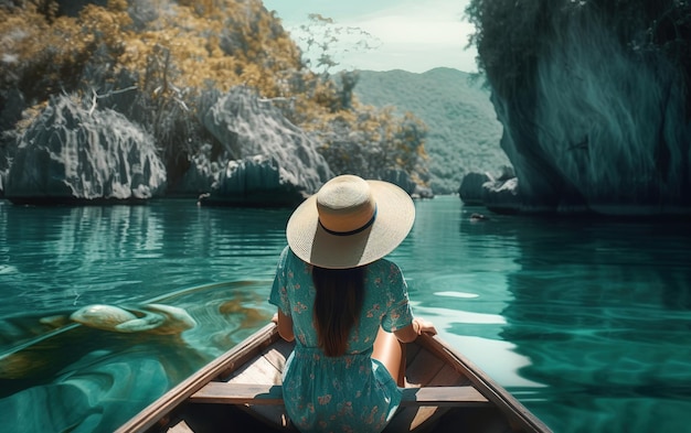 A woman in a boat in the water with a hat on her head.