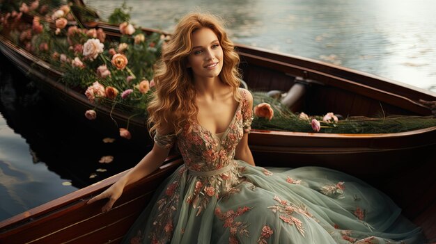 花のドレスを着たボートにいる女性