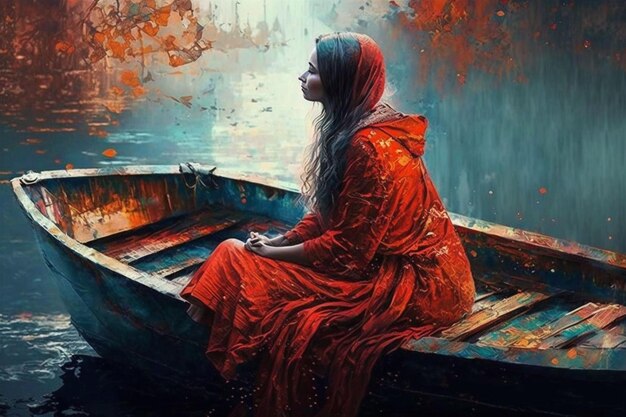 A woman in a boat with a red dress sits on a boat.