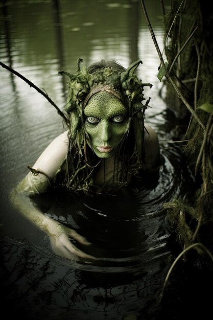 A woman in a body of water with a green face painted with the word " the word " on it "