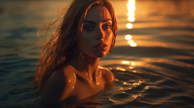 A woman in a body of water with the sun shining on her face