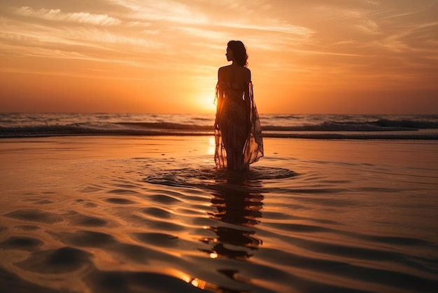 A woman in a bodysuit stands in the water at sunset.