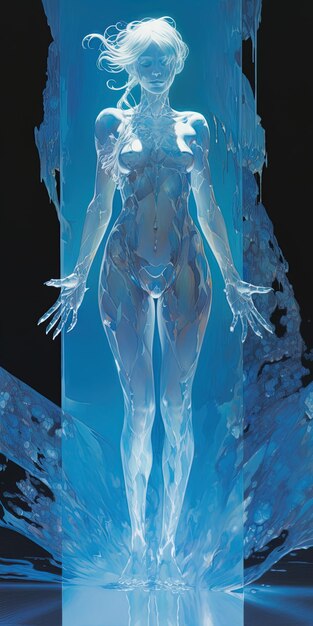 a woman in a bodysuit with a blue body and arms