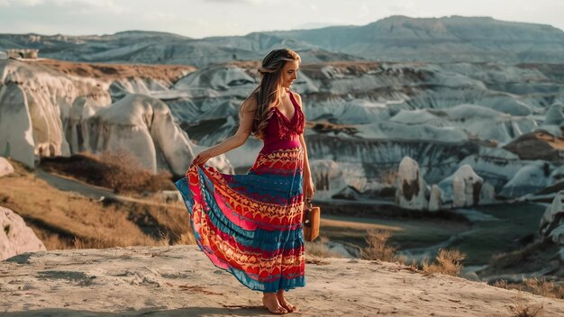 Photo woman in bohemian dress standing on love valley in cappadocia turkey