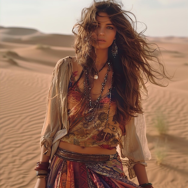 a woman in boho clothing is standing in the sand