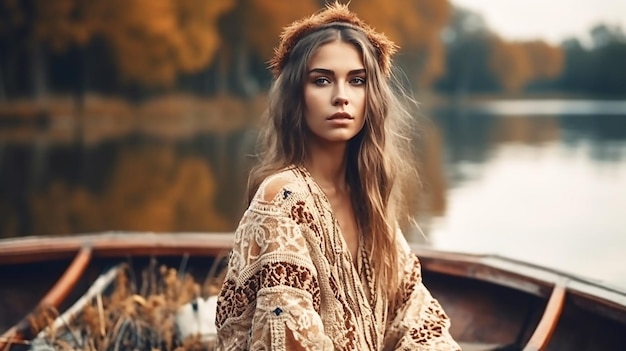 A woman in a boho dress sits in a boat on a lake.