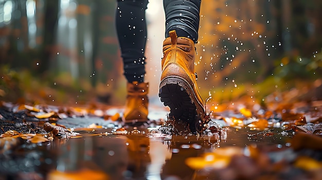 Photo woman in boots walking through muddy forest puddles in autumn hiking boots in the woods