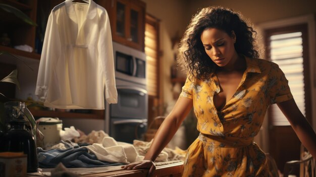 Женщина, которой скучно гладить одежду дома, выглядит раздраженной во время домашней работы.