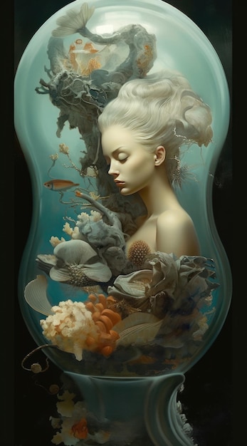 A woman in a bottle with a fish on it