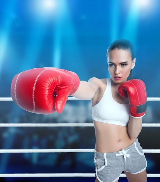 Woman in boxing gloves and sportswear