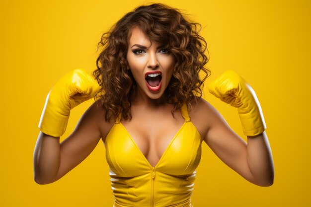 Woman in boxing gloves on yellow background