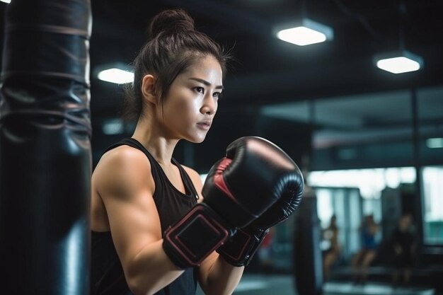 Photo a woman in a boxing ring with a black belt and a black belt