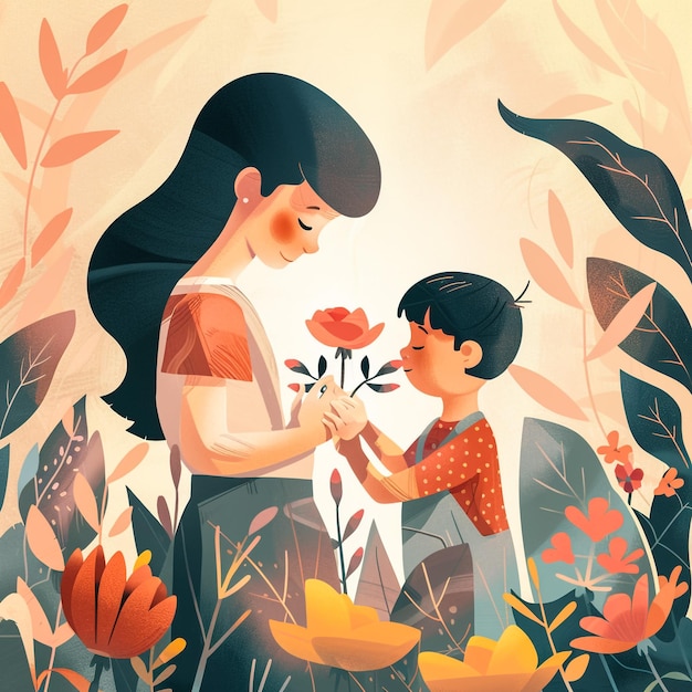 Foto una donna e un ragazzo stanno tenendo dei fiori e un bambino sta tenendo un fiore