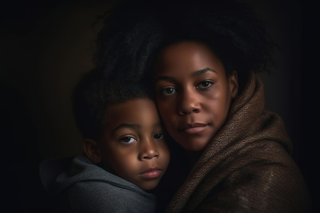 A woman and a boy are hugging each other.