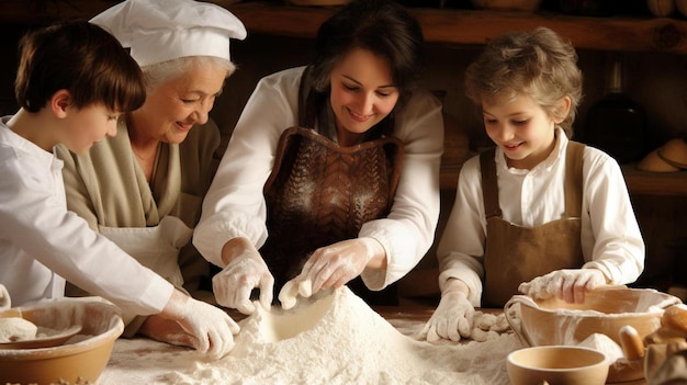 Photo a woman and a boy are making a dough together