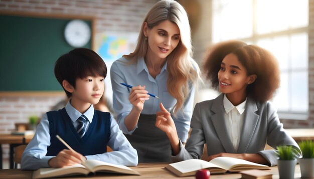 a woman and a boy are sitting at a desk with a pen and a book with a boy in front of them