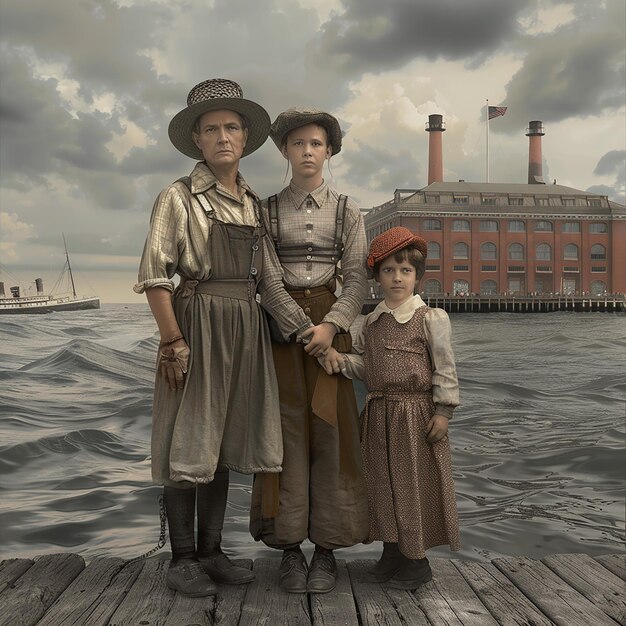 Photo a woman and a boy are standing on a pier with a building in the background