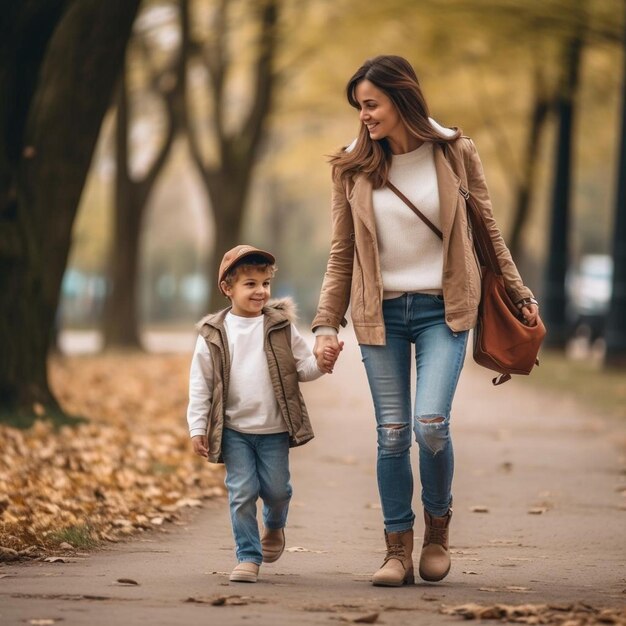 a woman and a boy are walking down a path one of them is holding hands