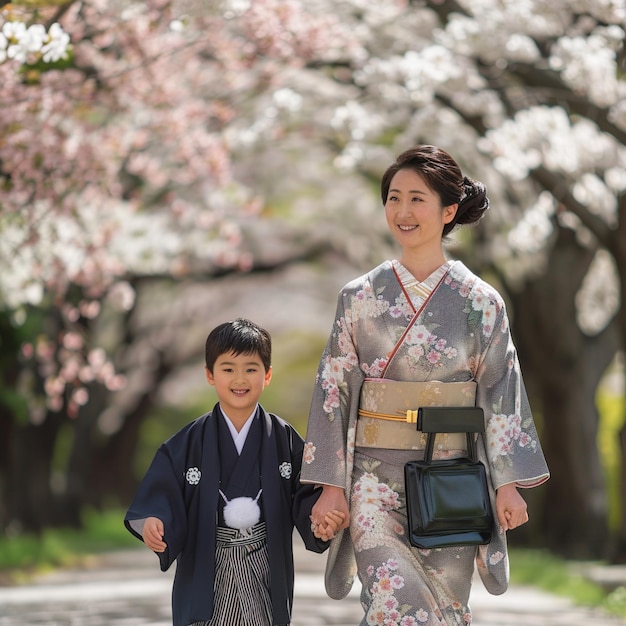 женщина и мальчик идут по тропинке с вишневыми цветами