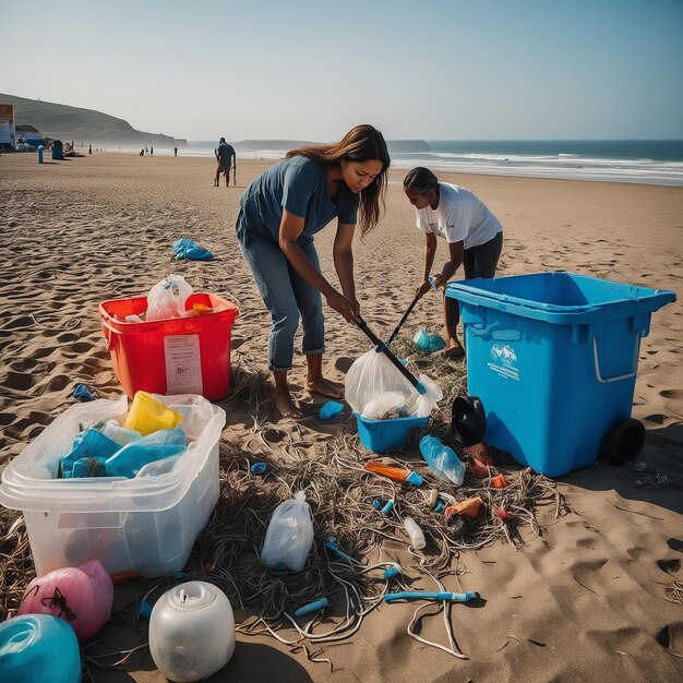 a woman and a boy are working on a beach with a blue bin that says recycling