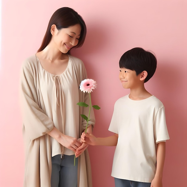 a woman and a boy hold flowers and a pink flower