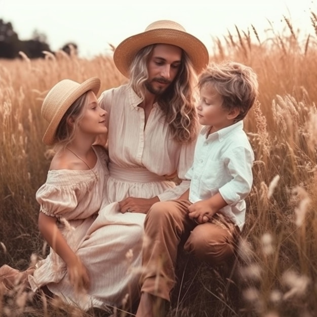女性と少年が帽子をかぶって野原に座っています。