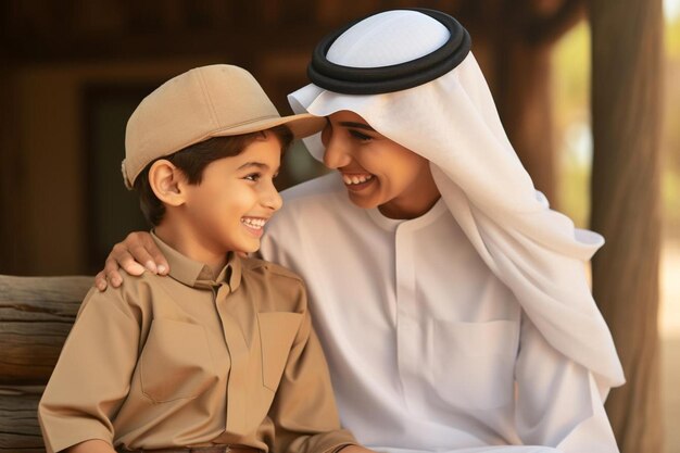 Photo a woman and a boy smiling at each other