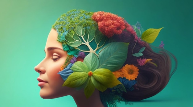 Woman brain tree and selfcare and mental health concept positive thinking