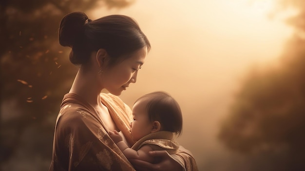 A woman breastfeeding her baby in a golden light.