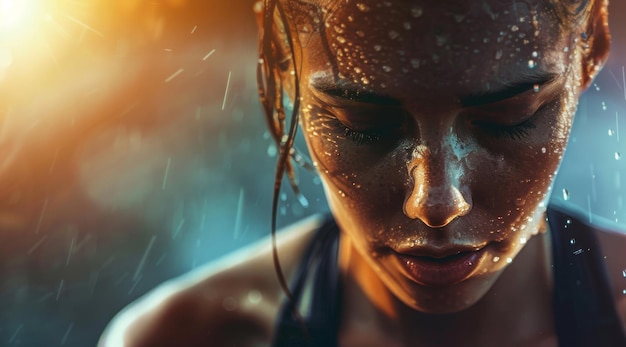 Woman breathe and athlete relax after an intense exercise in rain for fitness workout or training