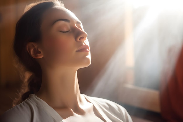 女性は朝の呼吸瞑想とマインドフルネスの練習をします