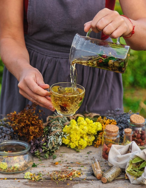 woman brews herbal tea Selective focus