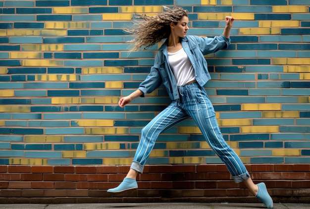 woman and brick wall with blue stripes in the style of notable sense of movement