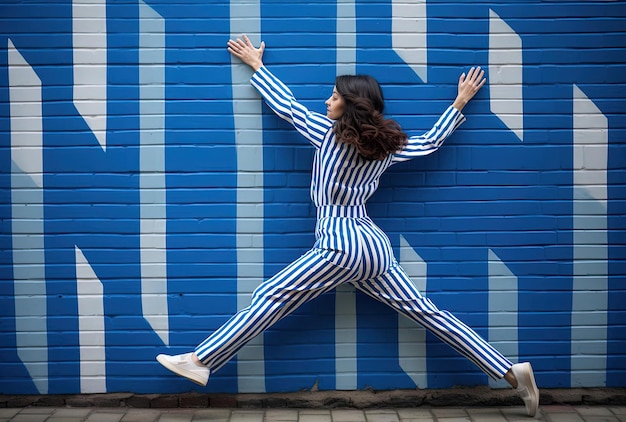 woman and brick wall with blue stripes in the style of notable sense of movement