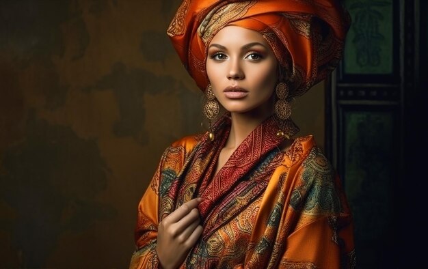 A woman in a bright orange turban stands in a dark room.