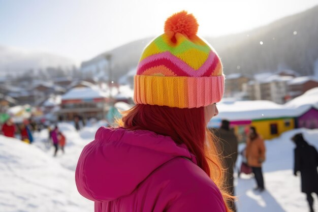 A woman in a bright pink hat walks through the snow