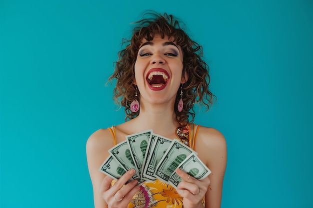 Woman Brimming with Excitement Holds Dollar Bills