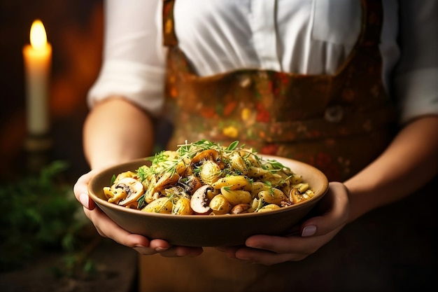 The woman brought a plate with pasta and mushrooms