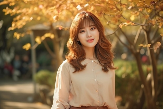 A woman in a brown blouse and brown skirt stands in front of a tree with autumn leaves.