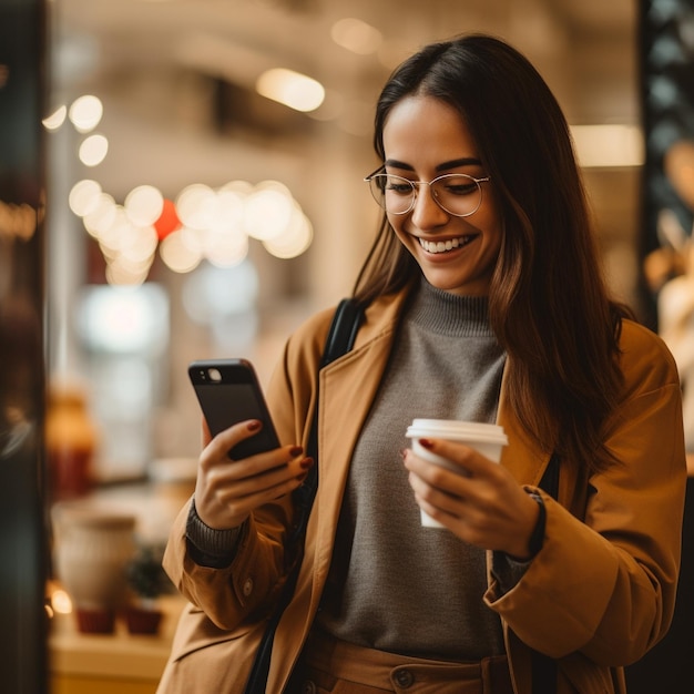 a woman in a brown coat is holding a phone and smiling