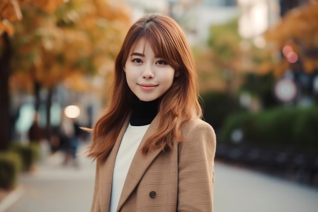 A woman in a brown coat stands on a street in front of trees.