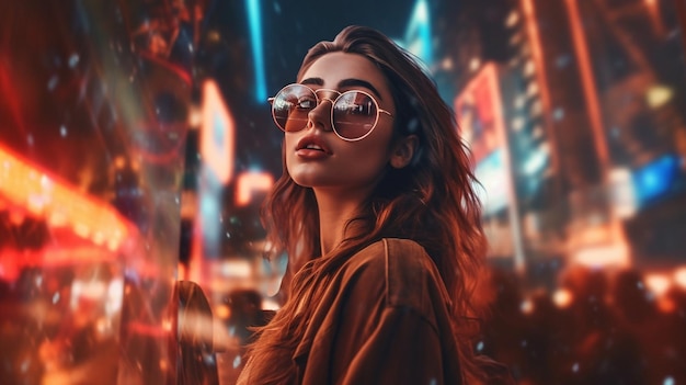 A woman in a brown coat and sunglasses stands in front of a lit up cityscape.