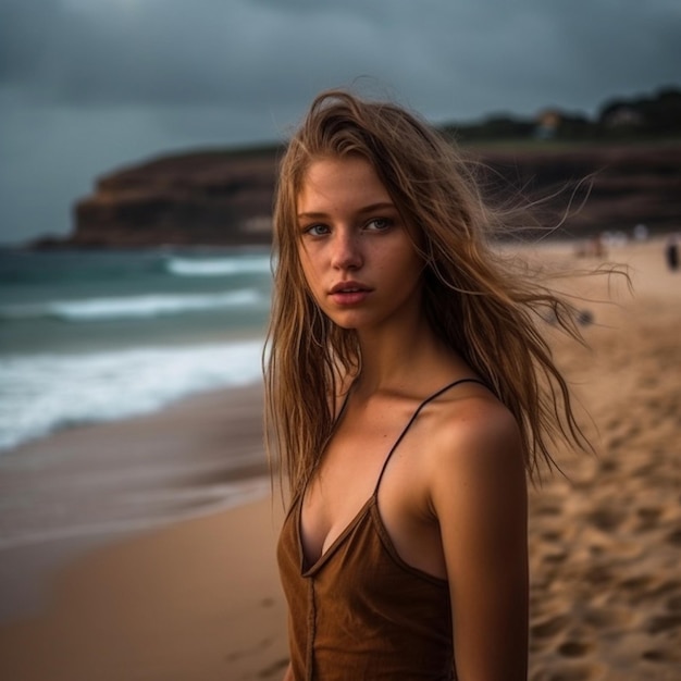 a woman in a brown dress is standing on a beach with the ocean in the background.